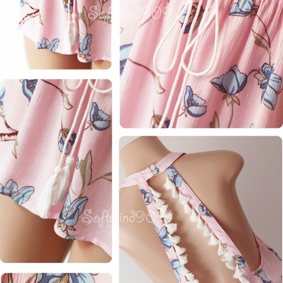 Last☝️ Pink Blue Tassel Open Back Halter Romper - Picture 5 of 8